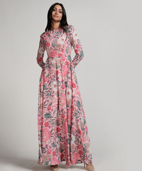 Long Sleeve Printed Chiffon Maxi Dress